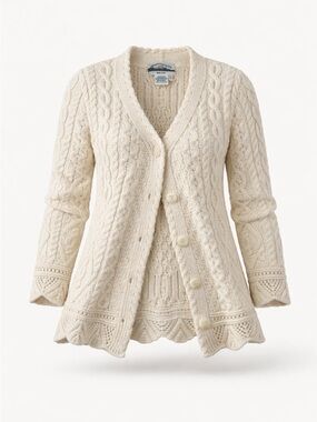 Aran Crafts Ireland 100% Merino Wool Cable Knit Cardigan Sweater S Cream